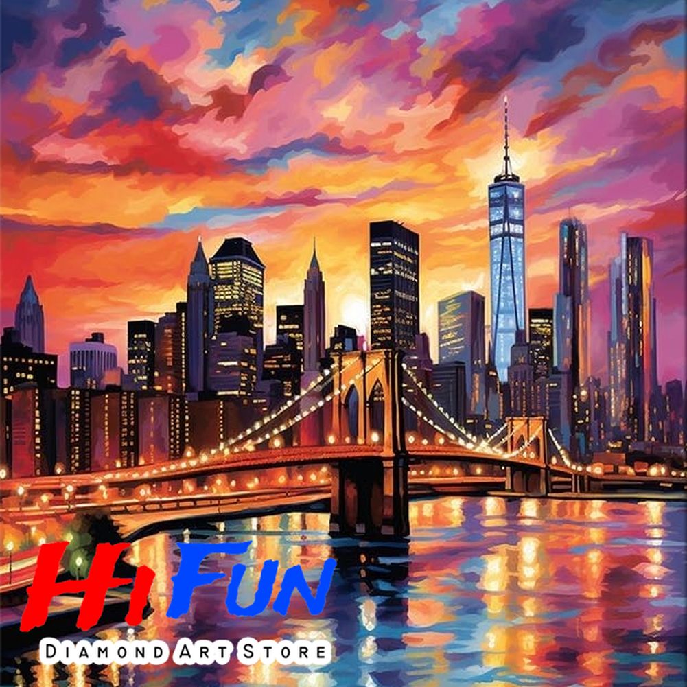 Art And Craft New York - ダイヤモンドペインティングアート ニューヨークシティスカイライン ブルックリンブリッジ サンセット風景 クラフト フルラウンドスクエアダイヤモンドモザイク