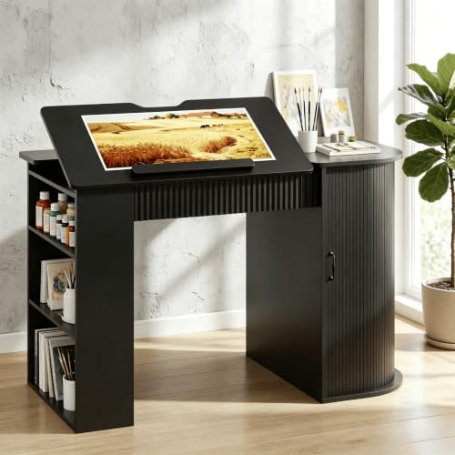 Art Craft Table - 収納キャビネットと引き出し付き製図台、オープンシェルフ付き調整可能な製図台、クラフトテーブルアートデスク