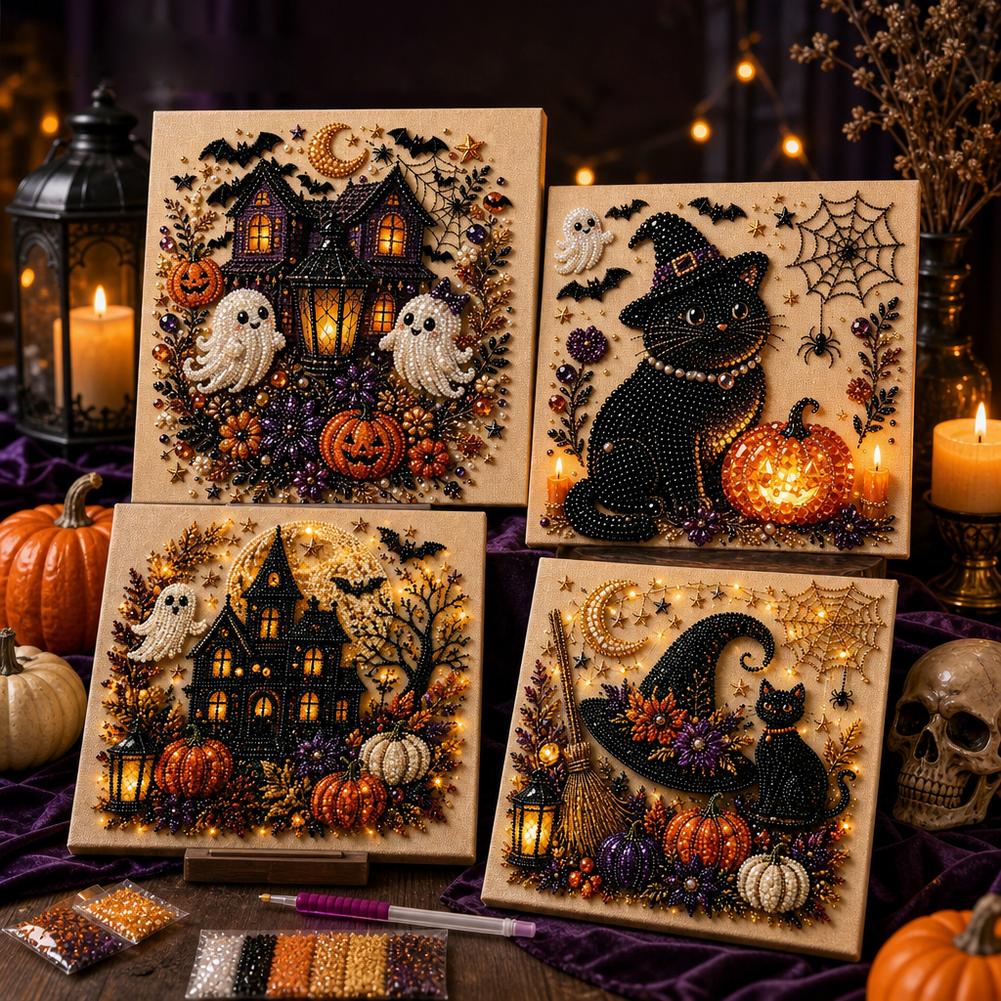 Art Craft Halloween - ハロウィンゴースト＆パンプキン3DパールアートDIYキット 3Dパールモザイククラフトセット かわいい黒猫ゴーストパンプキンキャンバスアート ホームデコレーション