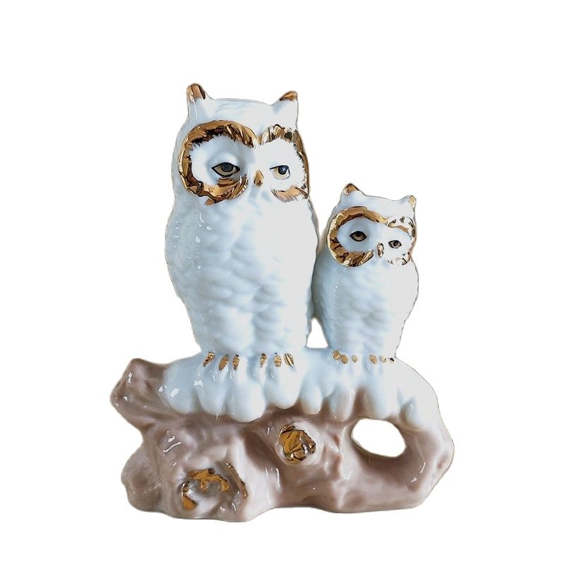 Art Craft Mother'S Day - 金彩磁器の母フクロウの置物、手作り陶器、子供用スノーオウルミニチュア、マスコット装飾、お母さんへのギフト、工芸品オーナメントアクセサリー