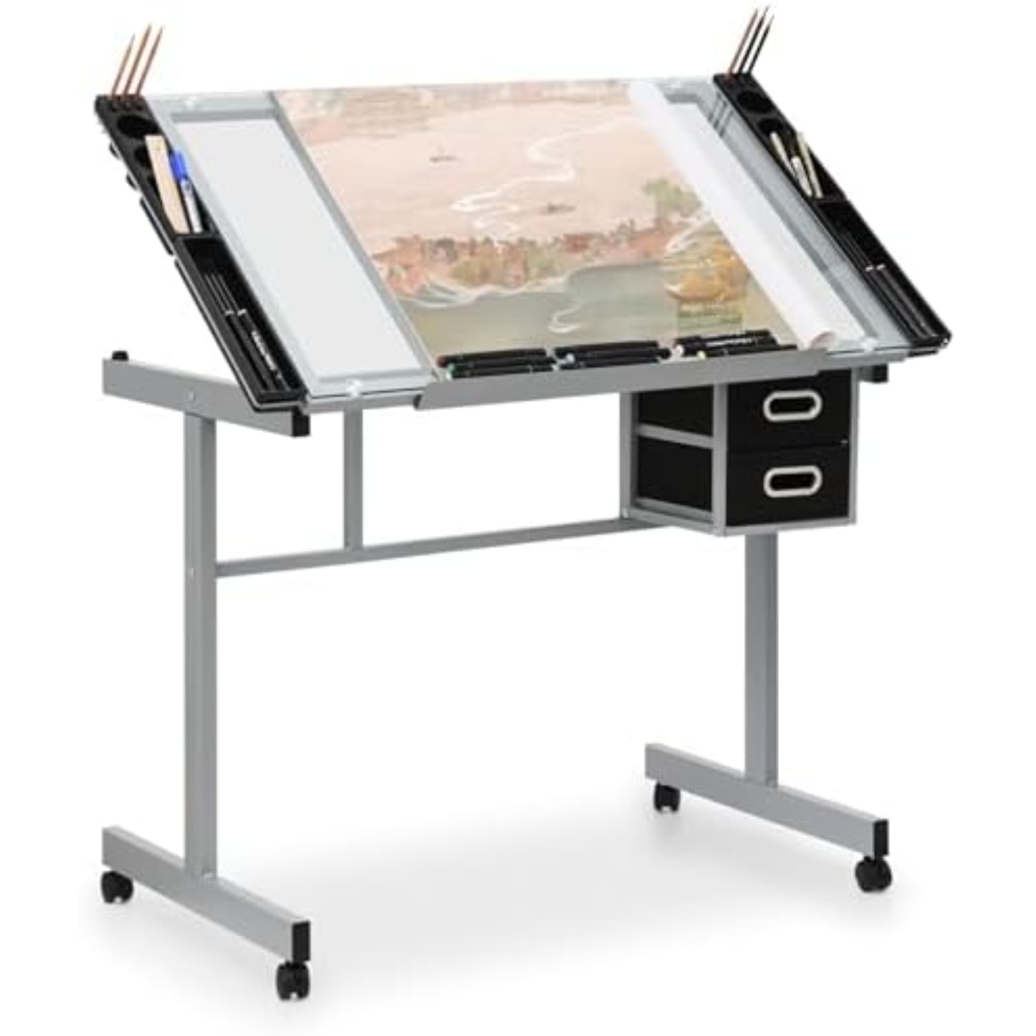 Art Craft Table - 大人・ティーン向けプロフェッショナル製図台、ライトグレー | 傾斜ガラス天板アートクラフトデスク ダイヤモンド水彩