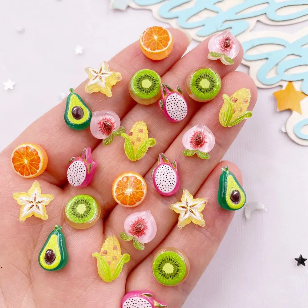 Art And Craft Vegetable - ミニカラフル樹脂かわいいアボカドキウイ、オレンジコーンフルーツ、野菜、ネイルアート、フラットバック、ラインストーン、スクラップブック、DIY装飾、クラフト、50個