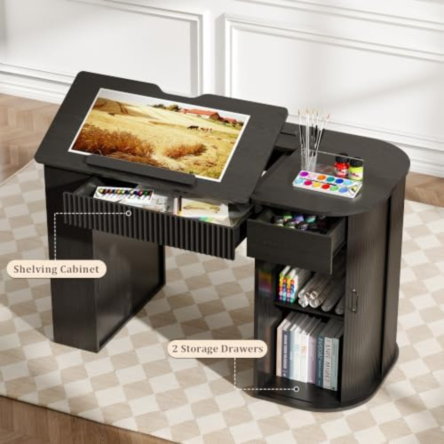 収納キャビネットと引き出し付き製図台、オープンシェルフ付き調 - Art Craft Table のレビューと価格